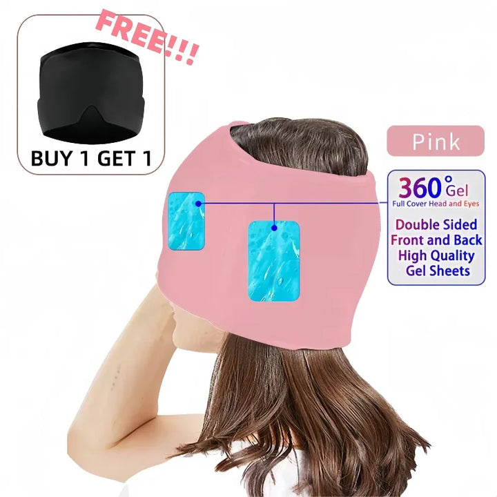 RelaxRiser™ HushCrown Comfort Mask – a pink full-head and eye wrap with 360° double-sided gel therapy pads for hot and cold tension relief, shown with a "Buy 1 Get 1 Free" black mask promotion.