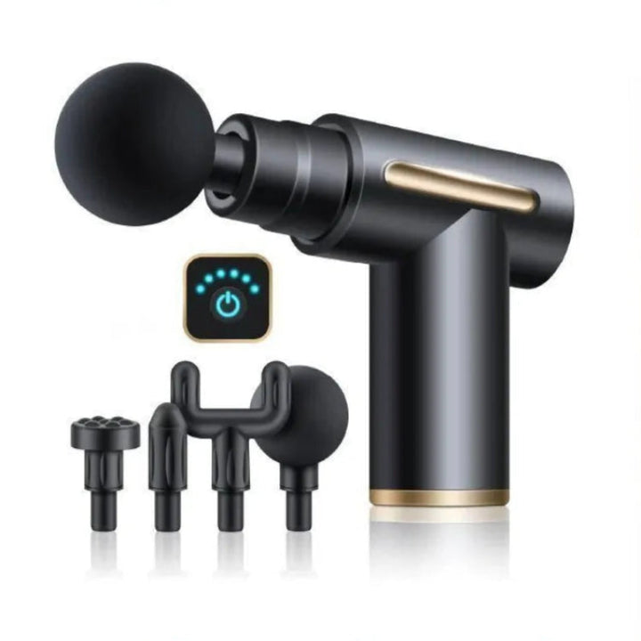 RelaxRiser™ Deep Tissue Massage Gun in sleek black design with gold accents, featuring an LED power indicator and four interchangeable massage heads for targeted muscle relief and recovery