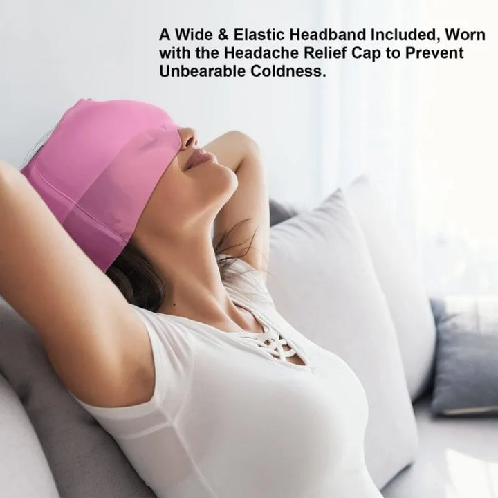 Woman relaxing on a couch while wearing the pink RelaxRiser™ HushCrown Comfort Mask, which provides hot and cold therapy for headache relief, shown with a caption about its elastic headband for added comfort.