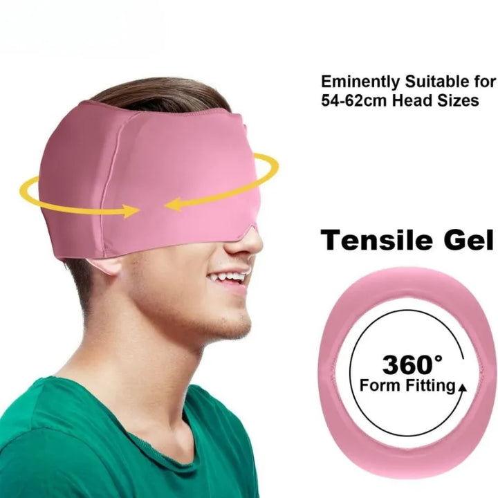 Man wearing the pink RelaxRiser™ HushCrown Comfort Mask, demonstrating its 360° form-fitting tensile gel design, suitable for head sizes 54–62 cm, with highlighted adjustability and comfort features.