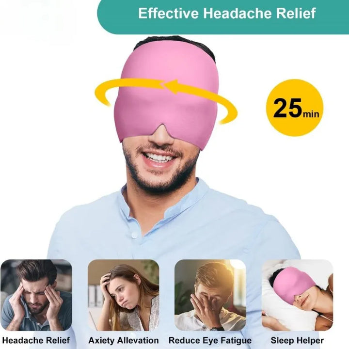 Smiling man wearing the pink RelaxRiser™ HushCrown Comfort Mask with text highlighting its 25-minute therapy benefits for headache relief, anxiety alleviation, eye fatigue reduction, and better sleep support.