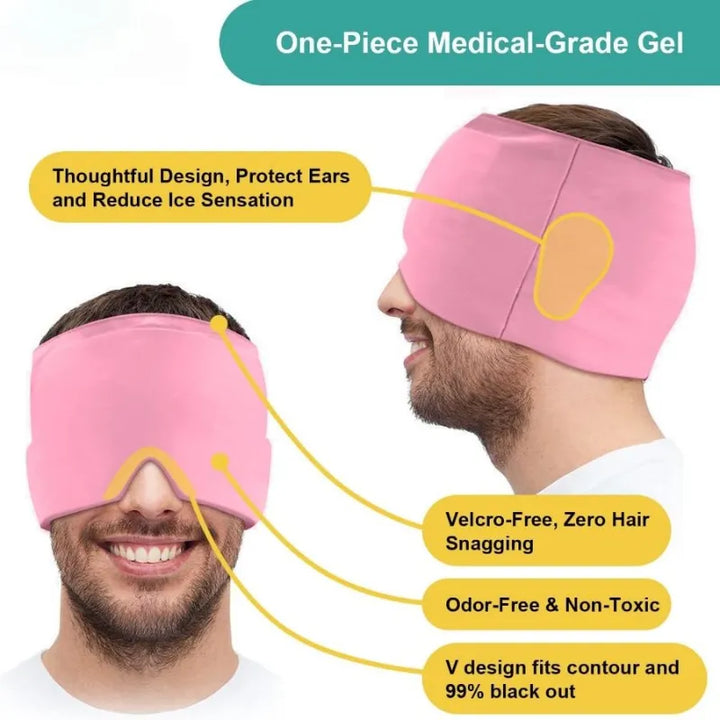 Front and side views of a man wearing the pink RelaxRiser™ HushCrown Comfort Mask, highlighting key features like one-piece medical-grade gel, ear protection, V-contour blackout design, and velcro-free, odorless, non-toxic materials.