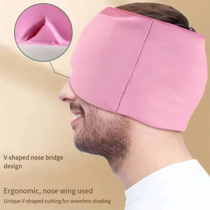 Side view of a man wearing the RelaxRiser™ HushCrown Comfort Mask, featuring a close-up of the V-shaped nose bridge design that enhances ergonomic fit and seamless shading around the nose area.