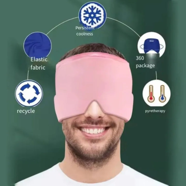 Man wearing the pink RelaxRiser™ HushCrown Comfort Mask, surrounded by icons highlighting benefits such as persistent coolness, 360° coverage, pyretic therapy, elastic and recyclable fabric.
