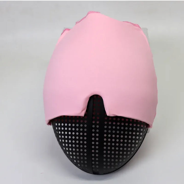 Back view of the pink RelaxRiser™ HushCrown Comfort Mask displayed on a black mannequin head, showcasing the full head wrap coverage and V-cut design at the nose for ergonomic fit.
