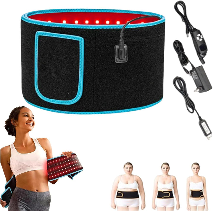 Black LED waist trainer with blue trim, power adapter, and USB cable on a white background.