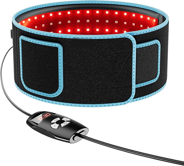 Black waist trimmer with red LED lights and digital controller on a white background
