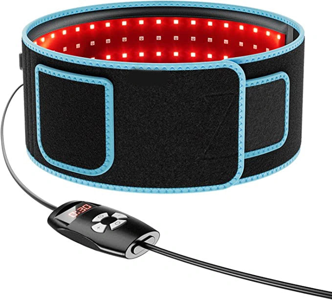 Black waist trimmer with red LED lights and digital controller on a white background