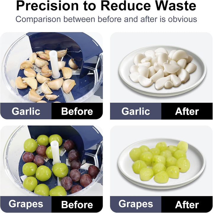 Comparison of garlic and grapes before and after using a food processor.