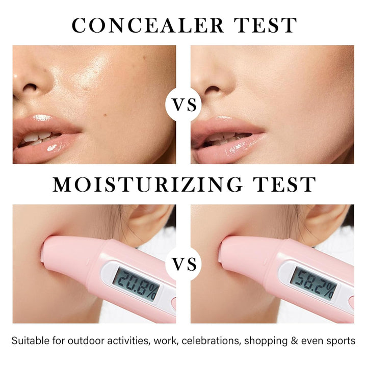 Concealer and moisturizing test on skin with digital display showing moisture levels.