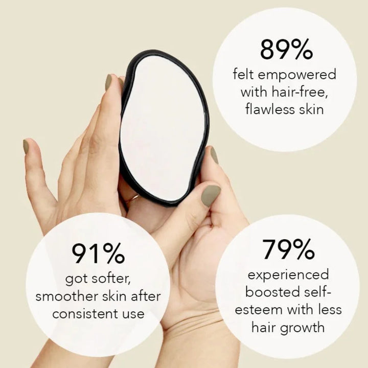 Customer holding black crystal hair eraser with statistics showing smoother skin, reduced hair growth, and higher self-esteem after use