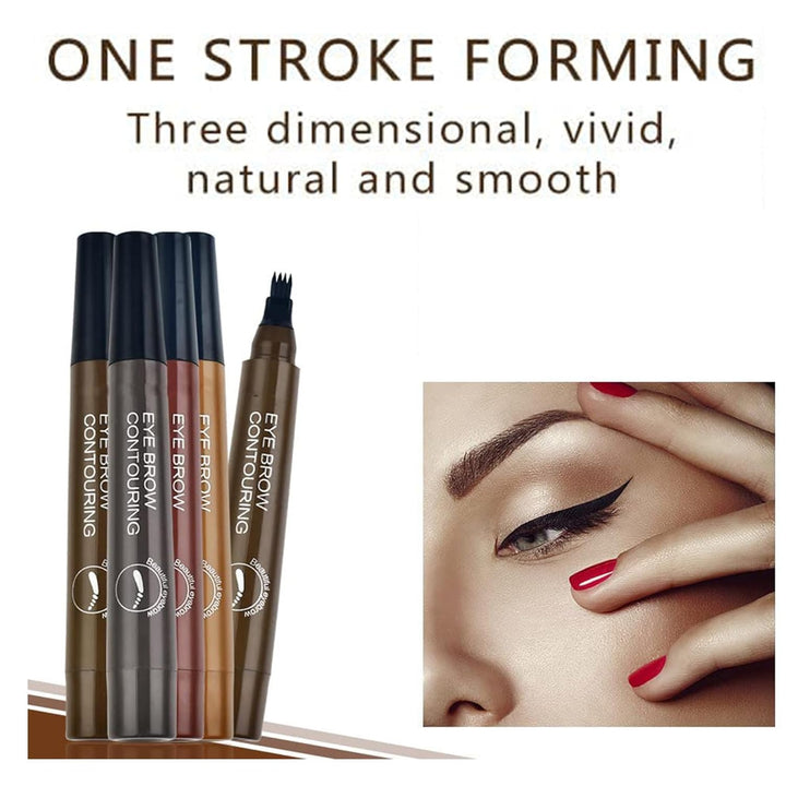 Eyebrow contouring pens with a close-up of an eye and hand, highlighting the product's features.