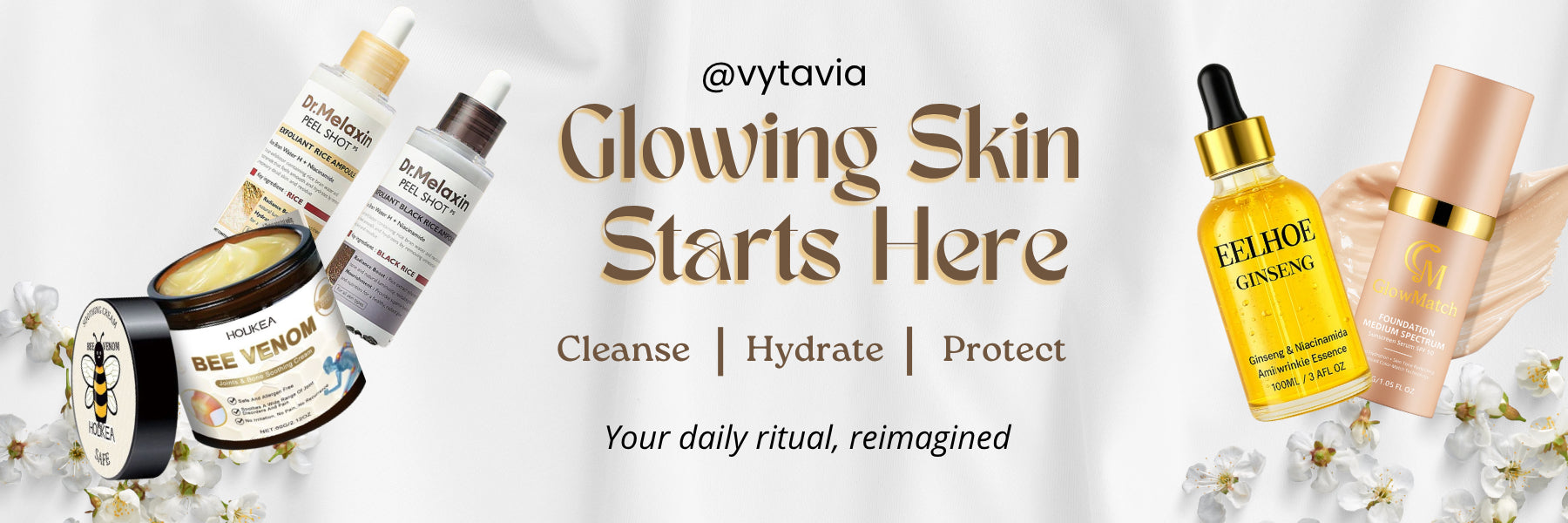 Vitavia skincare products with 'Glowing Skin Starts Here' text on a white background