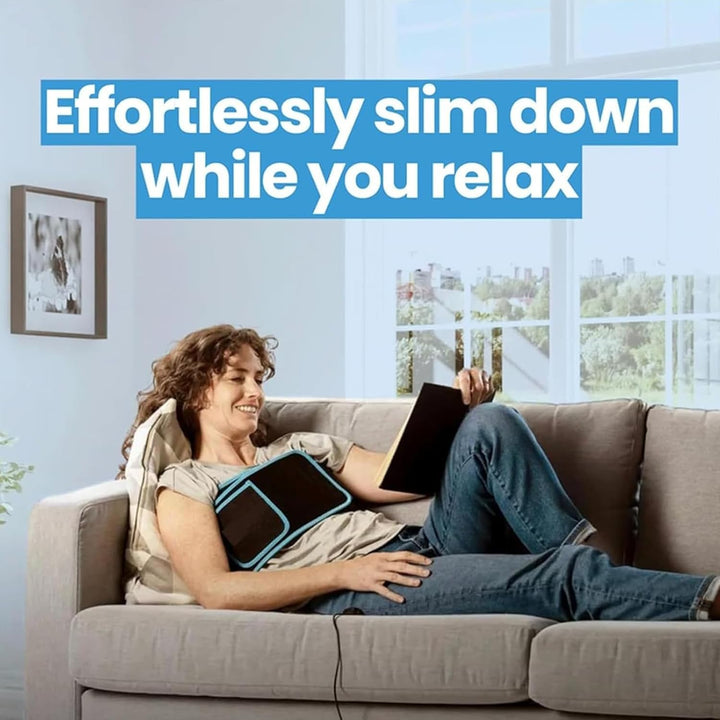 Person relaxing on a couch with text 'Effortlessly slim down while you relax' above.