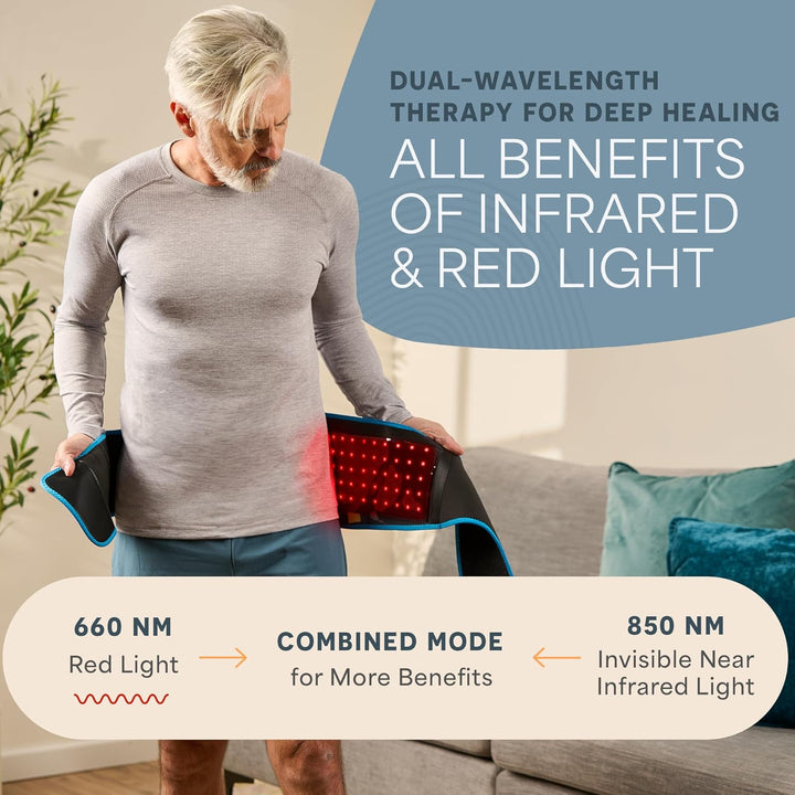 Man using a device for dual-wavelength therapy with text about infrared and red light benefits.