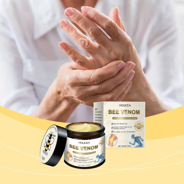 Elderly person massaging hand with RelaxRiser™ BeeTherm Relief Cream in foreground, designed to relieve joint pain and stiffness using bee venom