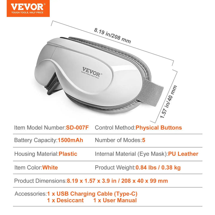 Specs for RelaxRiser™ DreamEyes Pro Heated Eye Massager – 1500mAh battery, 5 modes, ergonomic fit, USB Type-C