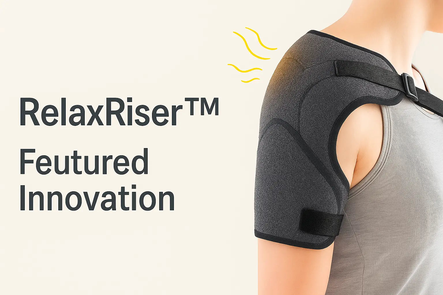 Promotional banner showing a person wearing the RelaxRiser™ HeatPulse Shoulder Wrap on the right shoulder, with the text 'RelaxRiser™ Featured Innovation' on a clean beige background. The wrap appears sleek and adjustable, conveying comfort and smart design