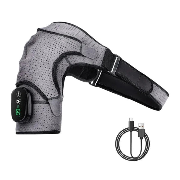 Cordless heated shoulder wrap with adjustable straps and digital control panel, designed for targeted comfort and warmth through soothing heat and gentle vibration, shown with USB charging cable.