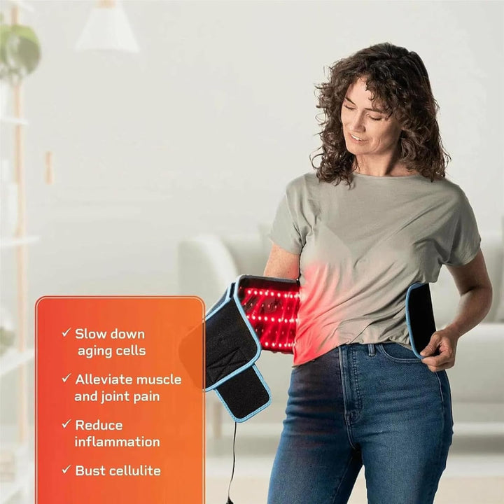 Woman using a red light therapy device on her abdomen with text benefits displayed.