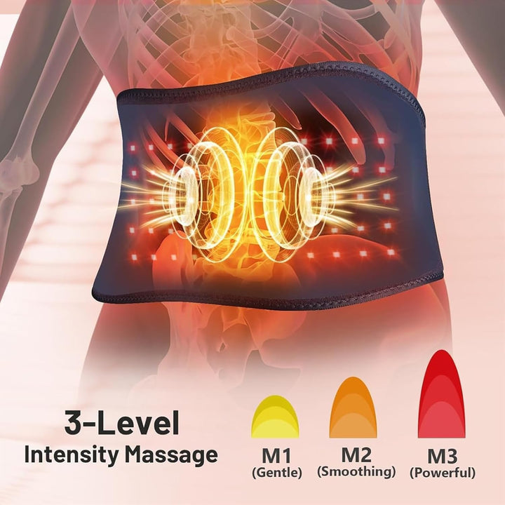 Massage belt with 3-level intensity indicator on a stylized body background