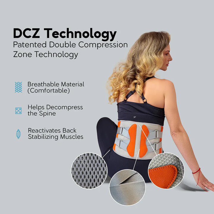 Woman wearing a back brace with DCZ Technology description on a gray background