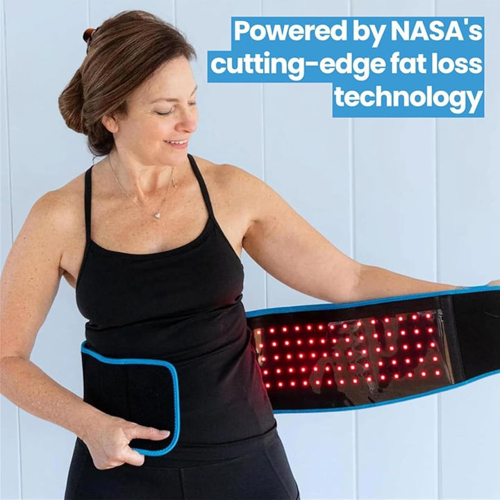 Woman wearing a black waist trimmer with LED lights, text about NASA technology.