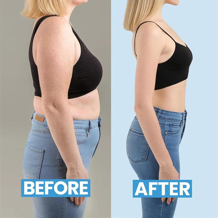 Before and after comparison of a person wearing a black top and blue jeans.