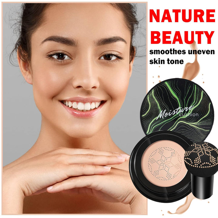 Woman with smooth skin holding her hand, with a compact powder product and 'Nature Beauty' text.