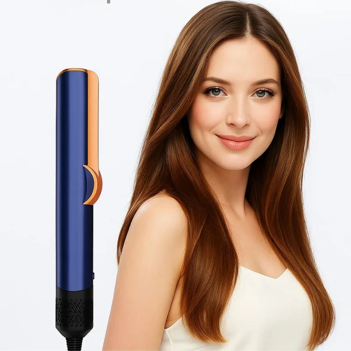 Brunette model with silky, straight hair beside AeroPress Glide Wet & Dry Hair Straightener in navy blue, showcasing blow dry and straightening in one step with modern design