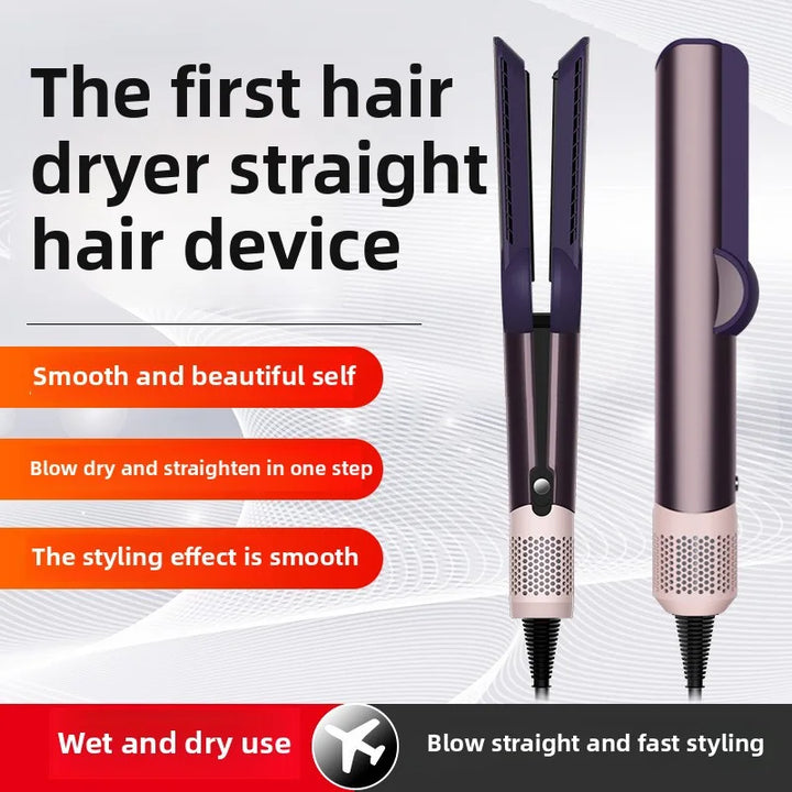 AeroPress Glide wet and dry hair straightener with dual heating plates shown open and closed, featuring text about smooth styling, one-step blow dry and straightening, and fast results for all hair types