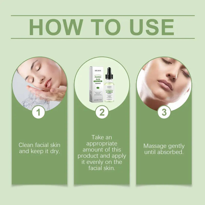 How to use RelaxRiser Azelaic Acid Essence – cleanse face, apply serum, massage until absorbed for clearer skin