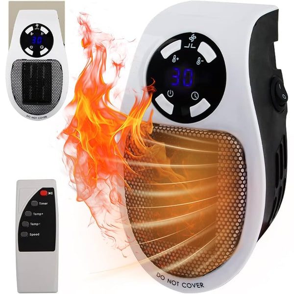 Portable heater with digital display and remote control on a white background