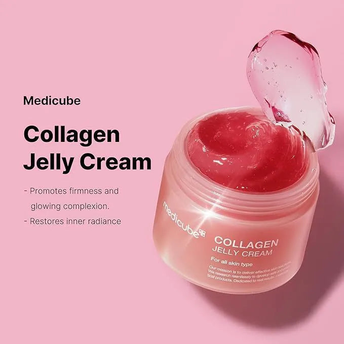Open jar of Lumivie HydraJelly Collagen Cream showing pink jelly texture
