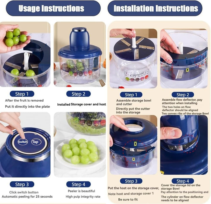 Usage and installation instructions for a kitchen peeling device with step-by-step visual guide.