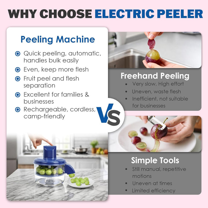 Comparison chart of electric peeler benefits versus manual peeling methods on a pink background.