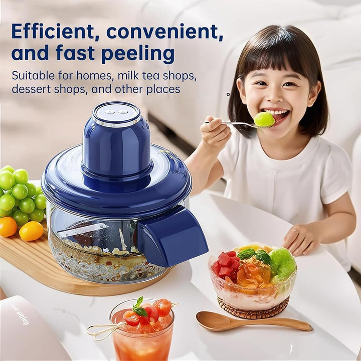 Blue food chopper with a child eating a salad in a home setting