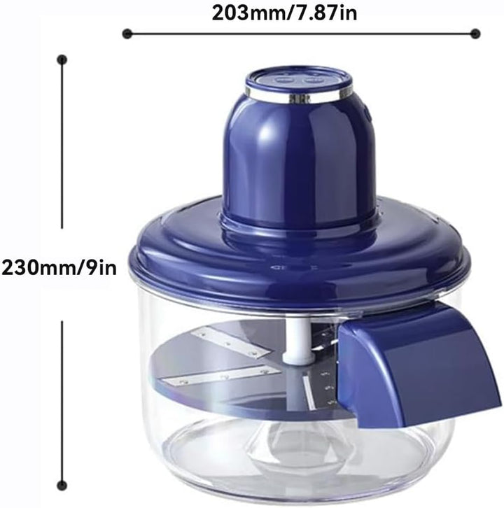 Blue kitchen chopper with clear container and measurement labels on a white background