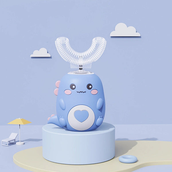 Cute blue dinosaur-themed RelaxRiser™ U-Shaped Electric Toothbrush for kids with soft silicone bristles, placed on a minimal pastel background with toy-like design.