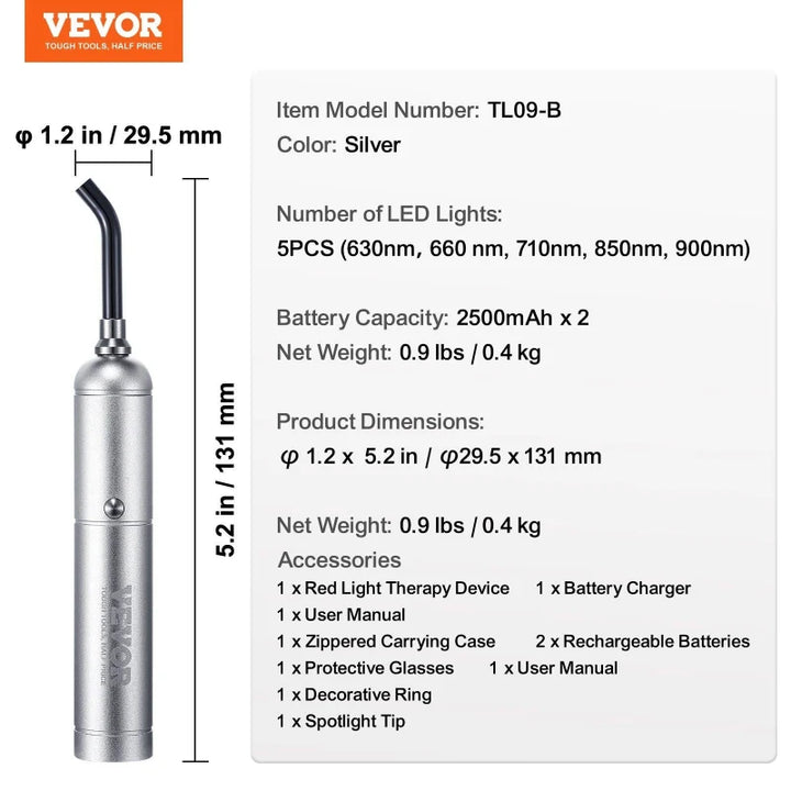 Product specifications of the RelaxRiser™ DualGlow Red Light Wand, showing dimensions, LED wavelengths, battery capacity, weight, and included accessories like charger and protective glasses.