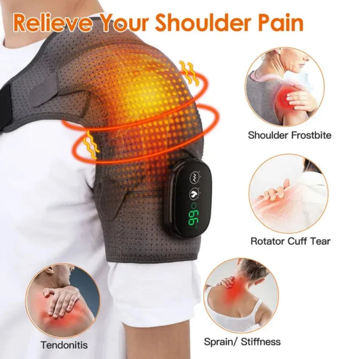  Graphic showing the RelaxRiser™ HeatFlex Shoulder Wrap in use, highlighting its targeted warming effect and ergonomic design for upper body comfort, with visual emphasis on heat distribution across the shoulder and neck area.