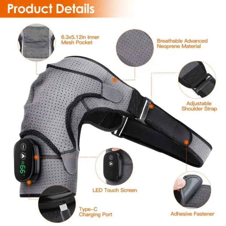  Detailed labeled image of the RelaxRiser™ HeatFlex Shoulder Wrap highlighting features such as breathable neoprene fabric, adjustable strap, LED touch screen, USB-C charging port, mesh storage pocket, and secure adhesive fastener.