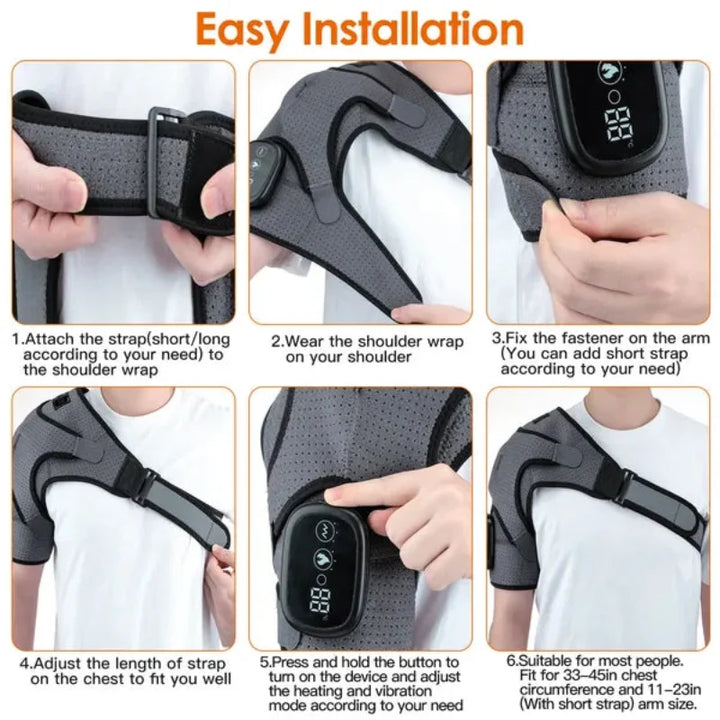  Step-by-step visual guide showing how to wear and adjust the RelaxRiser™ HeatFlex Shoulder Wrap, including strap attachment, shoulder positioning, LED control panel use, and adjustable fit for various arm sizes.