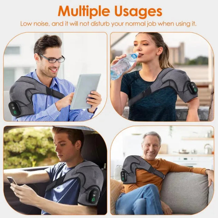  People using the RelaxRiser™ HeatFlex Shoulder Wrap in various daily settings—working, relaxing, commuting, and stretching—highlighting its wearable, hands-free design and everyday versatility.