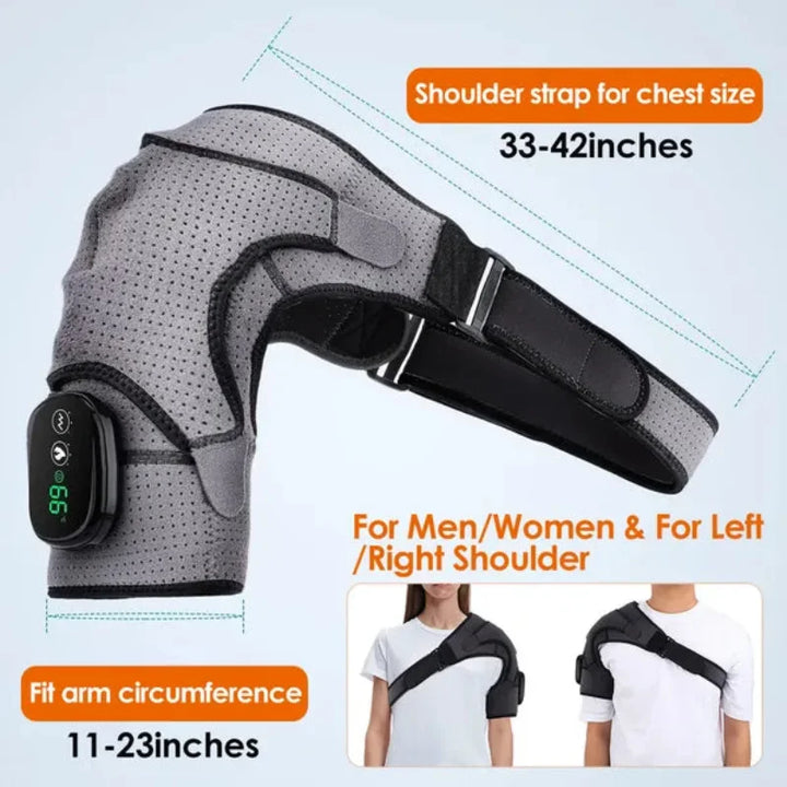 Size guide for the RelaxRiser™ HeatFlex Shoulder Wrap displaying adjustable fit for chest sizes 33–42 inches and arm circumference 11–23 inches, designed for flexible use on either shoulder.