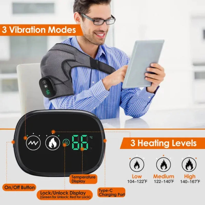 Man using the RelaxRiser™ HeatFlex Shoulder Wrap while working, showing the control panel with selectable vibration settings, adjustable heat levels (104–167°F), a digital display, and USB-C charging port.