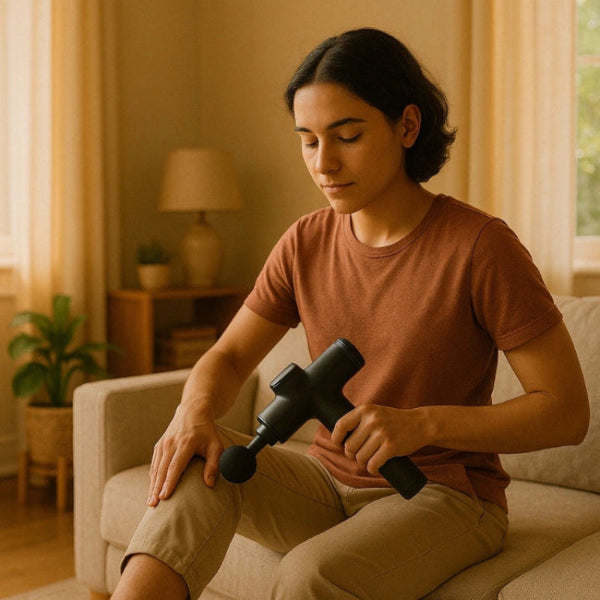A person using a black RelaxRiser™ massage gun on their leg while seated in a cozy living room, demonstrating home use for muscle relief and recovery.
